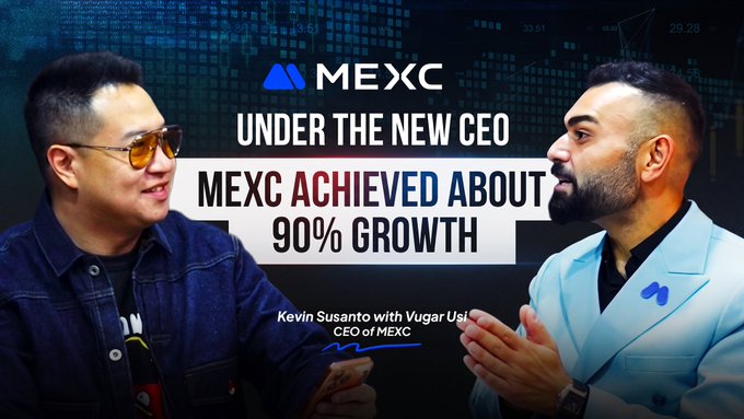 Thumbnail for a YouTube interview titled "UNDER THE NEW CEO: MEXC ACHIEVED ABOUT 90% GROWTH," featuring Kevin Susanto in conversation with Vugar Usi, CEO of MEXC. The image relates to the post by promoting the 1-on-1 discussion with the new MEXC CEO about his journey and the exchange's growth.