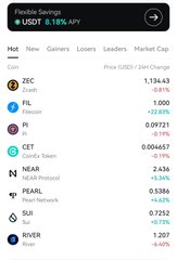 A mobile screenshot of a 'Flexible Services' portfolio tracker showing USDT 8.18% APR, with gainers like ZEC, NEAR Protocol, and SLF, and losers like PEARL and RIVER.