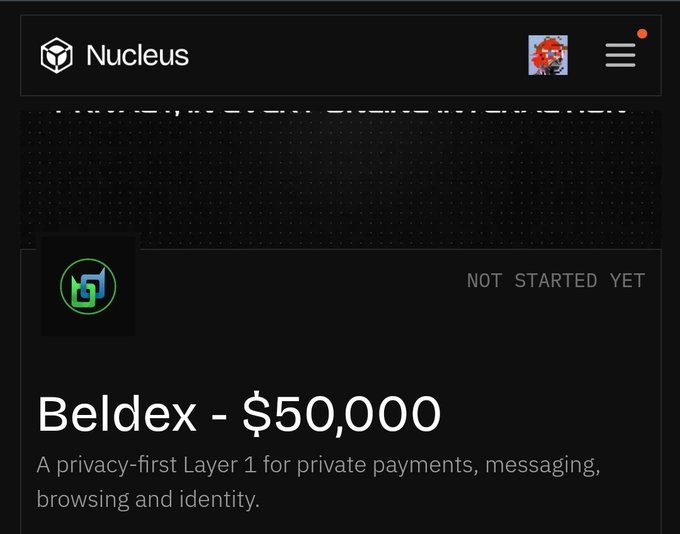 A screenshot of the 'Nucleus' platform interface displaying an airdrop campaign for 'Beldex - $50,000', described as 'A privacy-first Layer 1 for private payments, messaging, browsing and identity,' with a 'NOT STARTED YET' status.