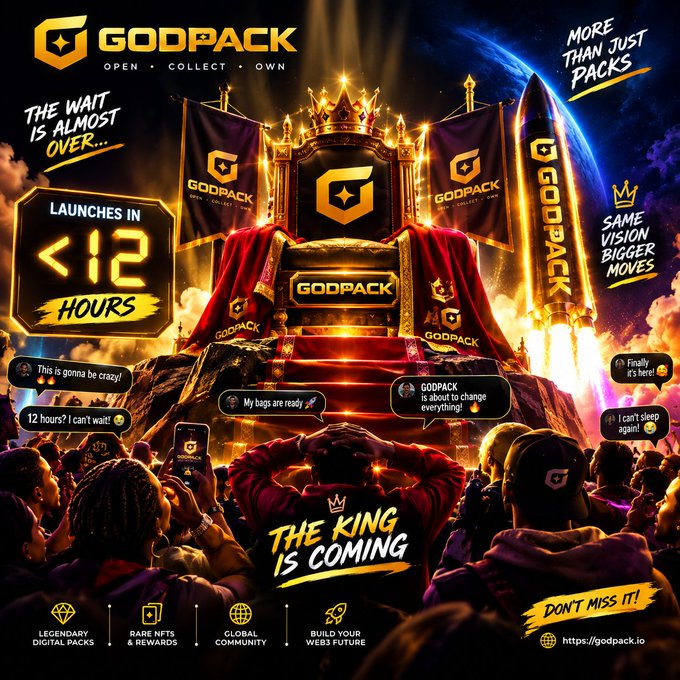 A promotional poster for 'GODPACK' declaring 'THE KING IS COMING' with a countdown showing 'LAUNCHES IN < 12 HOURS' and referencing features like 'Legendary Digital Packs' and 'Rare NFTs & Rewards'.