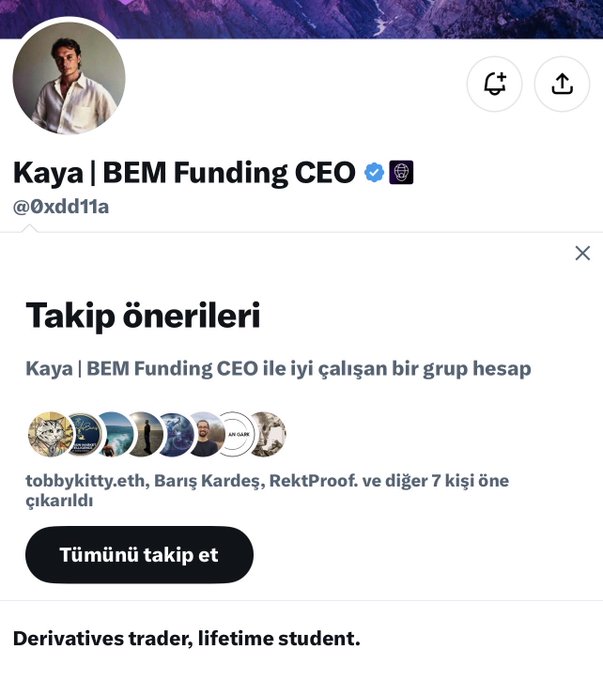 A Twitter/X profile screenshot of 'Kaya | BEM Funding CEO' (@0xdd11a), a verified account describing themselves as a 'Derivatives trader, lifetime student.'