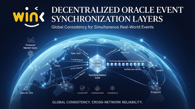 Promotional graphic for 'WINK' titled 'Decentralized Oracle Event Synchronization Layers' showing a globe with nodes in New York, Tokyo, Singapore, and London connecting to a 'SYNC CORE' hub.