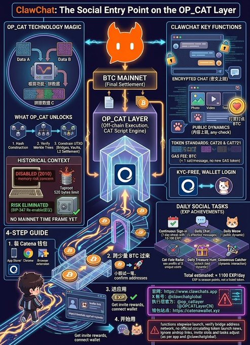 This infographic introduces **"ClawChat: The Social Entry Point on the OP_CAT Layer,"** detailing its key functions like encrypted chat, public dynamics, and daily social tasks offering up to 1100 EXP, while explaining how the OP_CAT technology magic (hash construction, Merkle Trees, UTXO bridges) works on Bitcoin via off-chain execution with final settlement on the BTC mainnet—directly illustrating the post's concept of re-enabling the OP_CAT opcode through BIP-347 now that the memory risk has been eliminated by Taproot's 520-byte limit.