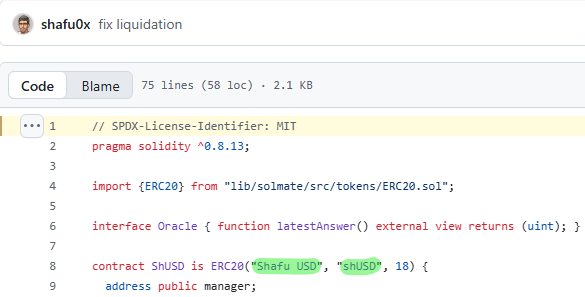 A GitHub code snippet from user 'shafu0x' titled 'fix liquidation' showing Solidity code for a ShUSD ERC20 token contract that imports from 'lib/solmate/src/tokens/ERC20.sol'.