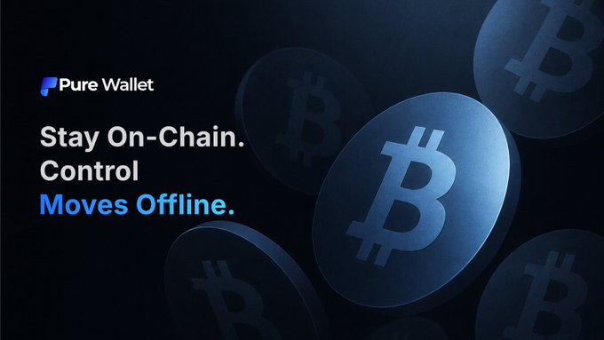 Promotional banner for Pure Wallet featuring large Bitcoin coin graphics with the text "Stay On-Chain. Control Moves Offline."—aligning with the post's excitement about Pure Wallet's upcoming TGE of $PWT by emphasizing cryptocurrency control and market anticipation.