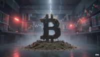 A glowing Bitcoin (₿) symbol sits atop a pile of coins in a dark, cyberpunk-style corridor with neon lighting.
