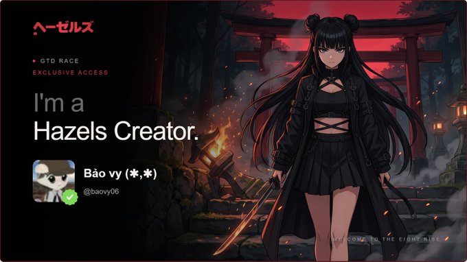 A promotional graphic titled 'I'm a Hazels Creator' featuring the username 'Bảo vy (⁎˃ᗜ˂)' with an anime-style female character in black attire holding a sword.