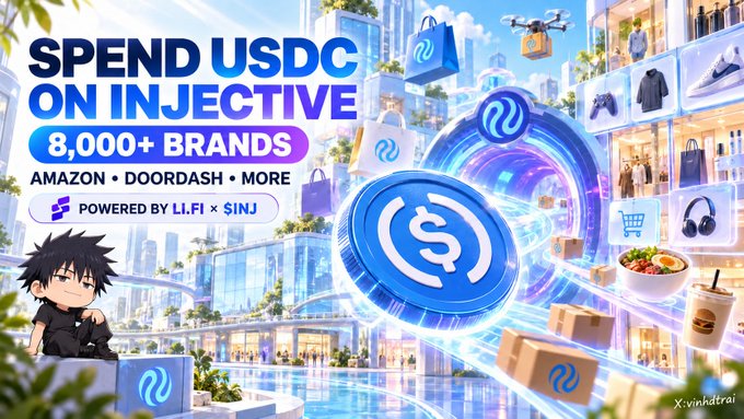 A vibrant promotional banner reading 'SPEND USDC ON INJECTIVE' and '8,000+ BRANDS' including Amazon and DoorDash, powered by LI.FI x INJ, featuring an anime-style character and futuristic city visuals.