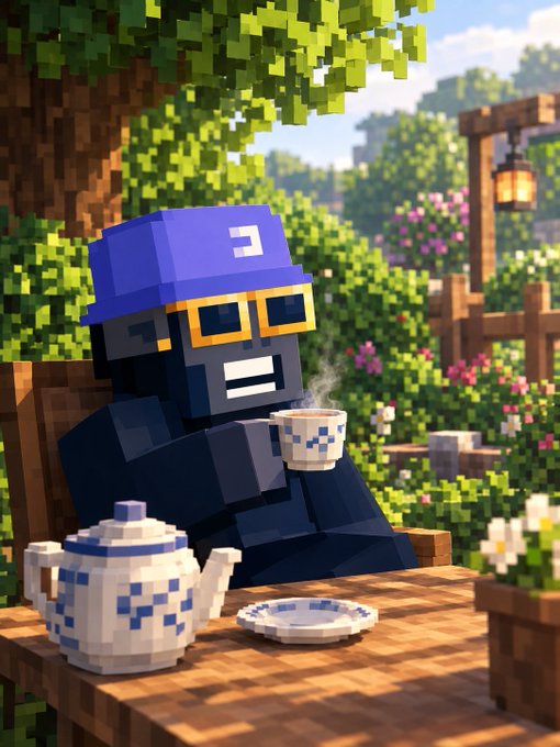 A Minecraft-style digital illustration showing a blocky character wearing a blue cap and yellow goggles, relaxing outdoors while holding a steaming teacup next to a teapot and saucer on a wooden table.