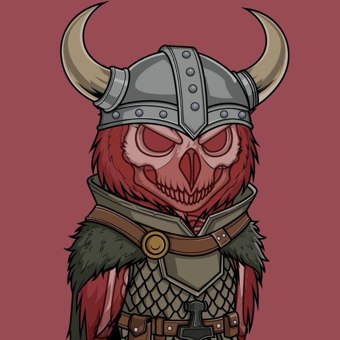 A cartoon illustration of a menacing red viking warrior with a horned helmet, skull-like face, and fur-lined armor against a maroon background.