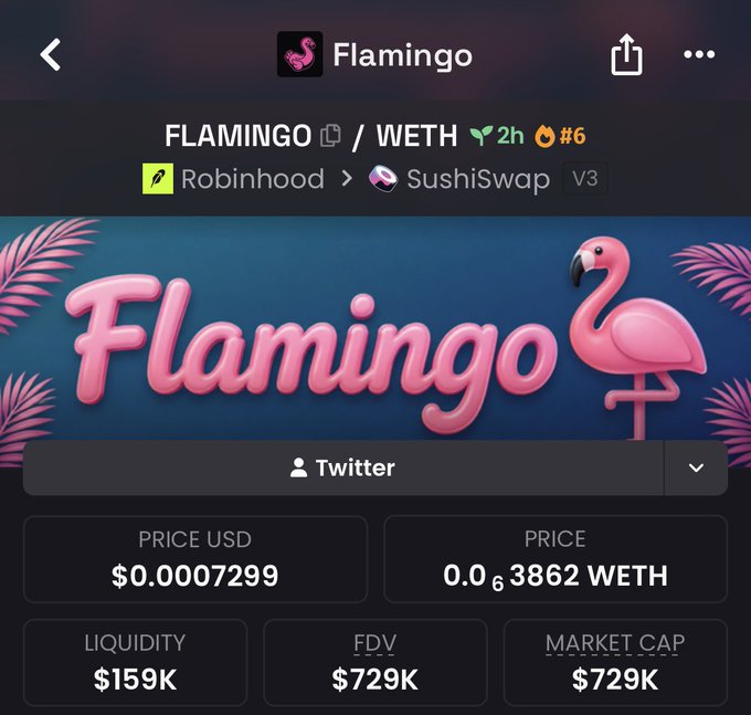 A screenshot of the Flamingo ($FLAMINGO) token page on a DEX tracker showing its pairing with WETH on SushiSwap V3 via Robinhood Chain, with a price of $0.0007299, liquidity of $159K, and a market cap of $729K. The image illustrates the early $FLAMINGO launch noted in the post, confirming its official factory origin on Robinhood Chain with liquidity routed through SushiSwap V3.