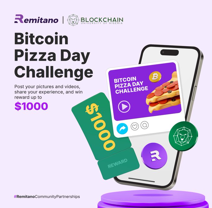The image features a cell phone with an advertisement for Bitcoin Pizza Day Challenge. The phone displays a pizza picture along with text that reads "Bitcoin Pizza Day Challenge", indicating the ongoing challenge related to Bitcoin. There are also some coins displayed on the phone, which could be used as rewards or prizes in the challenge.