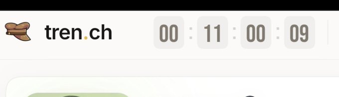 The image displays the tren.ch website header with a countdown timer showing "00:11:00:09" (11 hours remaining), corresponding to the post's urgent call to action for the $Trench airdrop with a deadline of 11 hours.