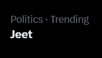 A dark graphic displays the text "Politics · Trending" with the word "Jeet" prominently shown below in white. The caption suggests the user is referencing a trending topic where some individuals (derogatorily called "jeets") are reportedly selling their belongings, and the author is distancing themselves from this trend.