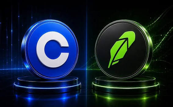 Two stylized 3D cryptocurrency coins displayed side by side: a blue coin with a white "C" on the left and a black coin with a green quill/feather logo on the right.