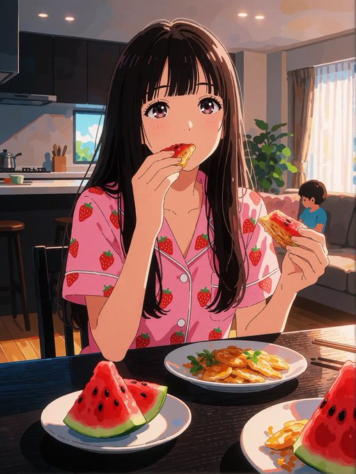 An anime-style illustration shows a girl with long dark hair in pink strawberry pajamas eating a piece of toast, seated at a table with watermelon slices and pancakes, while another person sits on a couch in the background.