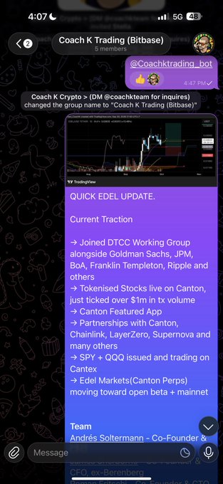 A Telegram chat titled "Coach K Trading (Bitbase)" features a message highlighting EDEL's price movement from 0.027 through 0.04, along with BTC shorted from 87,200, promoting a $100 cash weekly draw using the code COACHK10 with $1,000 futures volume requirement.