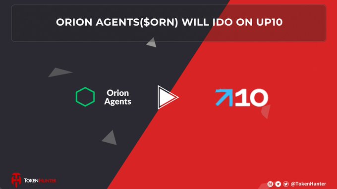 A promotional graphic from TokenHunter announcing that Orion Agents ($ORN) will be listed on the Upbit exchange (UP10), featuring logos for both companies.