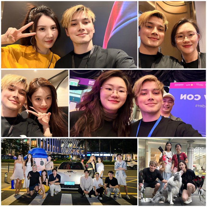 A collage of photos showing groups of young people posing together, including selfies, a group shot with a white SUV, and a group posing with a dog on a city street.