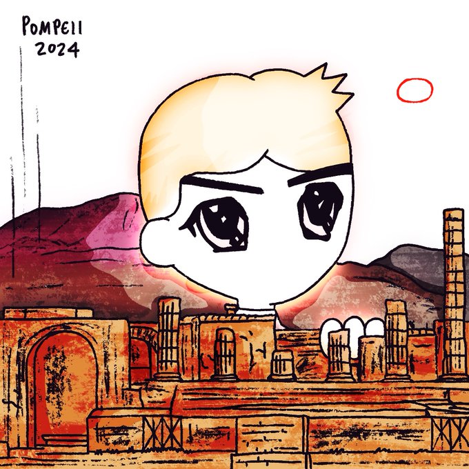 A cartoon illustration of a sad blonde character with large eyes looking over a stylized orange and red cityscape labeled 'POMPEII 2024'.