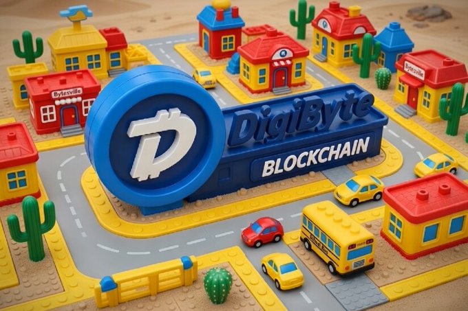 A whimsical LEGO-style diorama features a large blue "DigiByte BLOCKCHAIN" sign as its centerpiece, surrounded by colorful toy cars, buses, buildings, and green cacti set on a desert sandy base.