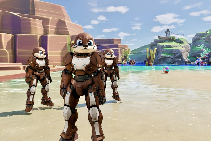 Three anthropomorphic otter characters in futuristic brown armor stand on a sandy beach near turquoise water and rocky cliffs in a colorful video game environment.