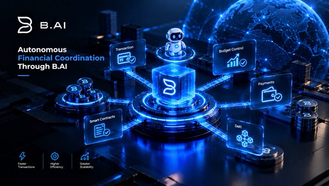 A futuristic blue-toned digital graphic promoting 'B.AI' with the tagline 'Autonomous Financial Coordination Through B.AI,' featuring a robot, glowing cube, and icons for Transaction, Budget Control, Payments, Smart Contracts, and DeFi, with benefits 'Faster Transactions, Higher Efficiency, Greater Scalability.'