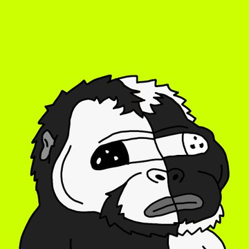 A cartoon-style illustration of a black and white dog with a sad expression against a bright lime green background.