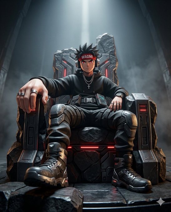 A dark-haired anime character wearing a red headband with the text 'WAGMI' sits on a stone and metal throne in a moody, industrial setting.