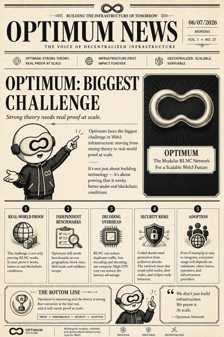 An 'Optimum News' newsletter styled as a vintage newspaper dated 06/07/2026 (Monday, Vol. 1, No. 27) discussing Optimum, 'The Modular RLNC Network For A Scalable Web3 Future,' with sections on infrastructure challenges and security risks.