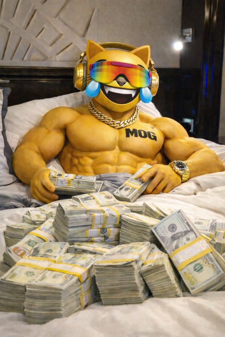 A muscular cartoon dog wearing gold headphones, rainbow sunglasses, a gold chain, and a gold watch, with 'MOG' tattooed on its chest, reclining on a bed surrounded by massive stacks of bundled US hundred-dollar bills.
