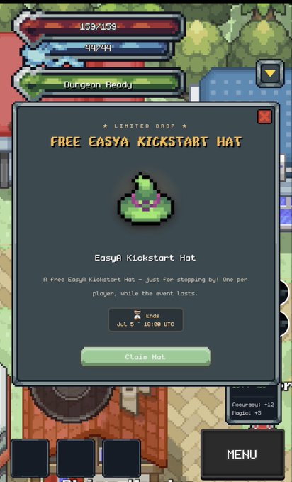 A pixel-art game interface displays a "Limited Drop" pop-up advertising a "Free EasyA Kickstart Hat," available for one-time claim by each player until the event ends on Jul 5 at 18:00 UTC. A green "Claim Hat" button sits below the item preview, matching the post's announcement of a free commemorative hat reward celebrating the hackathon win.