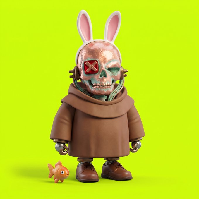 A 3D-rendered figure with a metallic skull face, pink bunny ears, and a brown monk robe stands next to a small orange goldfish on a bright green background, evoking the eerie, whimsical style of the Robin Wif Hat NFT collection. The post expresses pride in joining an "elite circle" of holders of this quirky, collectible character.