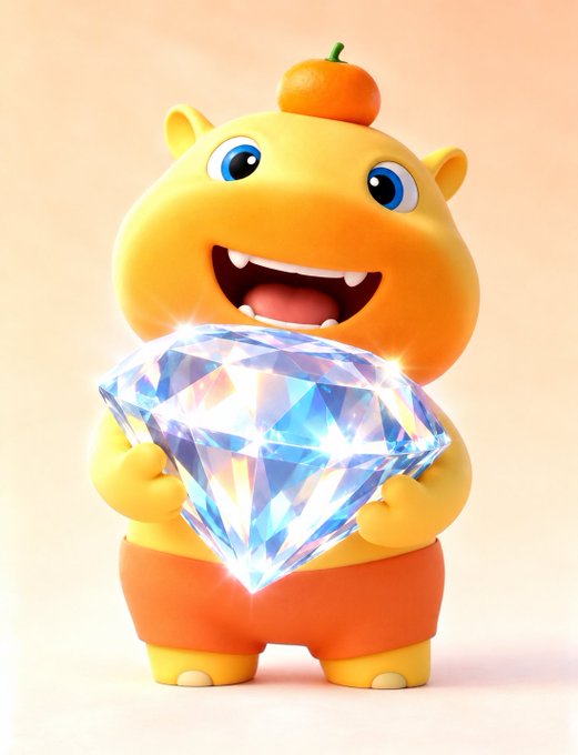 A 3D rendered yellow cartoon monster character with an orange on its head, smiling widely while holding a large sparkling diamond.