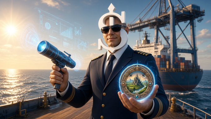 An AI-generated image of a ship captain in uniform wearing sunglasses, holding a sci-fi blaster and a glowing portal medallion, with a cryptocurrency logo floating above his head, set against a maritime backdrop.