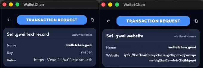 Two WalletChan transaction request screens for setting up walletchan.gwei text record and website via Gwei Names.