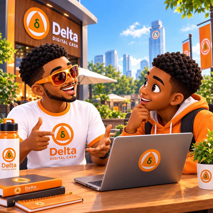 A 3D-rendered illustration of two men at a table promoting 'Delta DIGITAL CASH', with city buildings and Delta branding in the background.