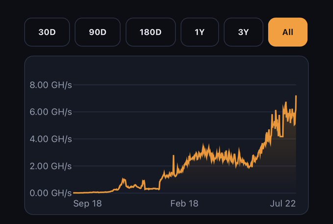 Dark-themed chart displaying network hashrate in GH/s over time, with timeframe options (30D, 90D, 180D, 1Y, 3Y, All) and growth from near 0 to over 7 GH/s by July.