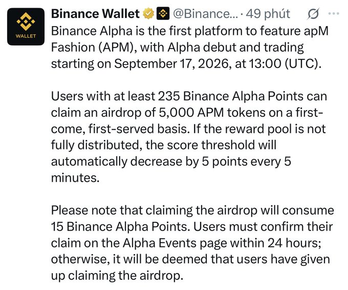 A Binance Wallet announcement that Binance Alpha will feature apM Fashion (APM) on September 17, 2026, with an airdrop of 5,000 APM tokens for users with 235 Alpha Points.