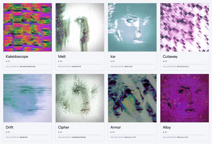 A digital marketplace gallery showing eight glitch art collectibles named Kaleidoscope, Melt, Ice, Cutaway, Drift, Cipher, Armor, and Alloy, each priced at 0.1.