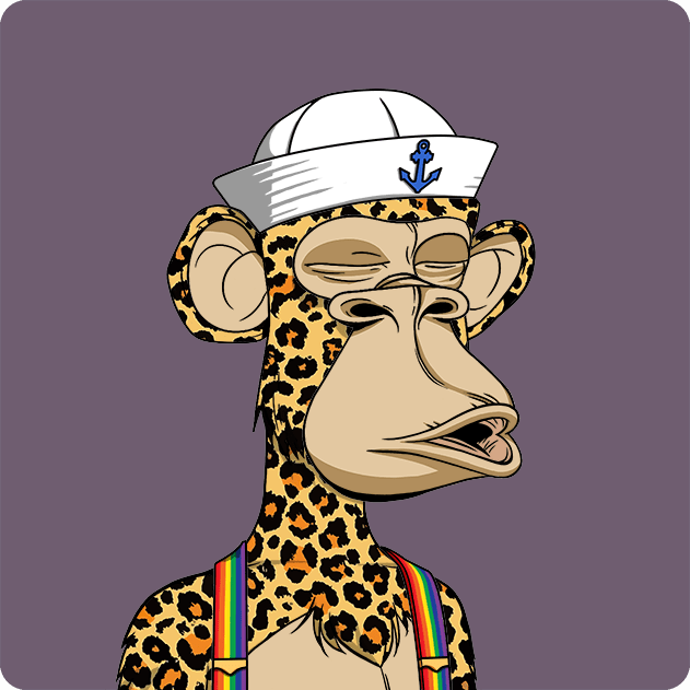 A digital illustration of a bored-looking monkey with leopard-print fur wearing a white sailor hat and rainbow suspenders against a purple background.