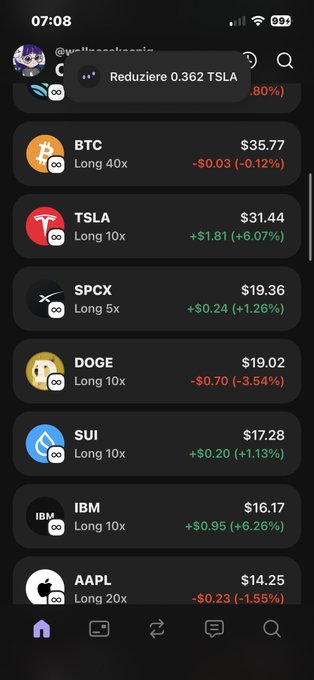 In the image, there are multiple options on a smartphone screen with various symbols, such as Bitcoin, and text related to cryptocurrency trading. Among these options, there's a post that reads, "Sold 50% $tsla and have put it in my -% doge and look what happen." This post is about a person who has recently bought Bitcoin for $tsla worth of cash (50% of the value of Bitcoin), which seems to be a significant amount. The person has also invested in some other cryptocurrencies like long 10x, and they have marked these investments as sold or in their trading account.