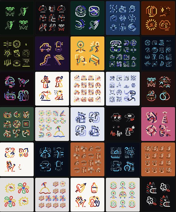 A grid collage of colorful pixel-art style icon sets on dark and light backgrounds, featuring various symbols including animals, faces, suns, hearts, and abstract designs in neon and pastel colors.