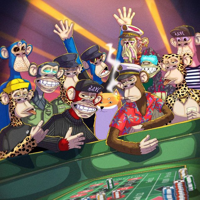 A colorful cartoon illustration depicts a crowd of anthropomorphic monkeys wearing various hats and clothing gathered around a casino craps table, with one monkey in a Hawaiian shirt appearing to throw dice.