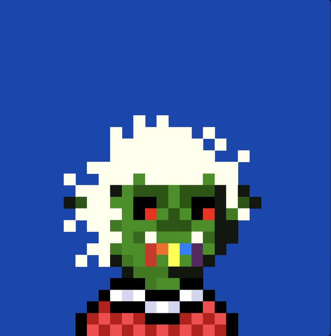 A pixel art illustration of a green-skinned zombie-like character with white hair, red eyes, and exposed teeth on a bright blue background.