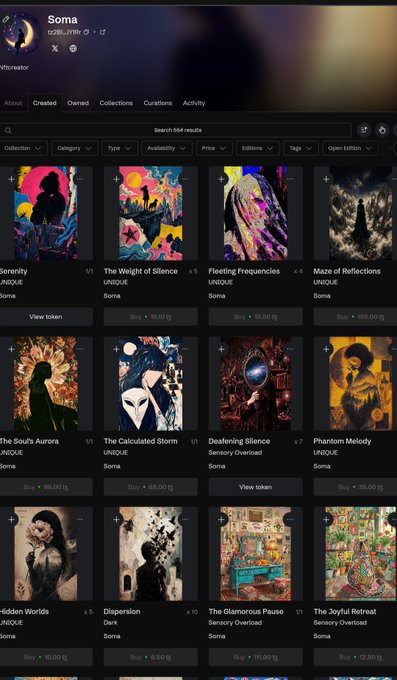 A screenshot of a Soma NFT marketplace profile showing various digital artworks for sale, including pieces titled 'Serenity', 'The Weight of Silence', 'Fleeting Frequencies', and 'Maze of Reflections', with prices in Soma currency.