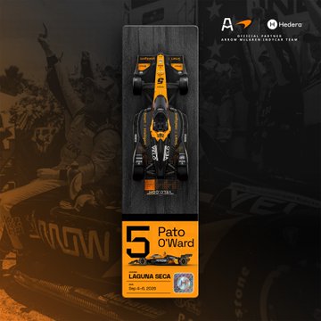 A vertical promotional poster for the Anduril IndyCar Series features a yellow and black race car with the number 5, labeled 'Pato O'Ward' and 'Laguna Seca' with the date 'May 24-26, 2024'.