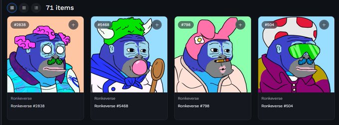 A 'Ronkeverse' NFT collection gallery displaying '71 items' with four visible cartoon ape characters (#2838, #5468, #798, #504) each with unique accessories and traits.