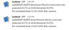 A weather alert graphic displays two Twitter posts: a 'Downtown Phoenix construction site' lookout alert and a 'South Phoenix delivery route hub' heat alert, both warning of 43.5°C temperatures and a pre-scheduled break between 13:30-14:00.
