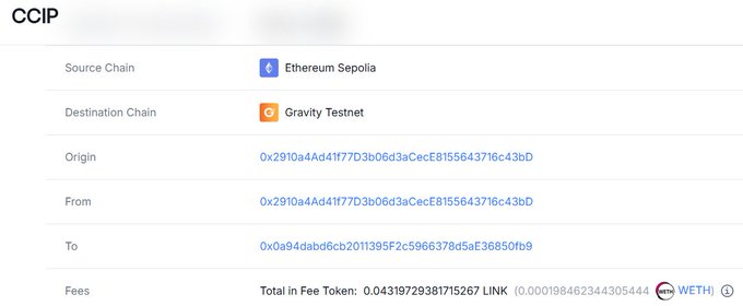 A CCIP (Cross-Chain Interoperability Protocol) transaction details screen showing a transfer from Ethereum Sepolia to Gravity Testnet with specific wallet addresses and a total fee of 0.04319729381715267 LINK.